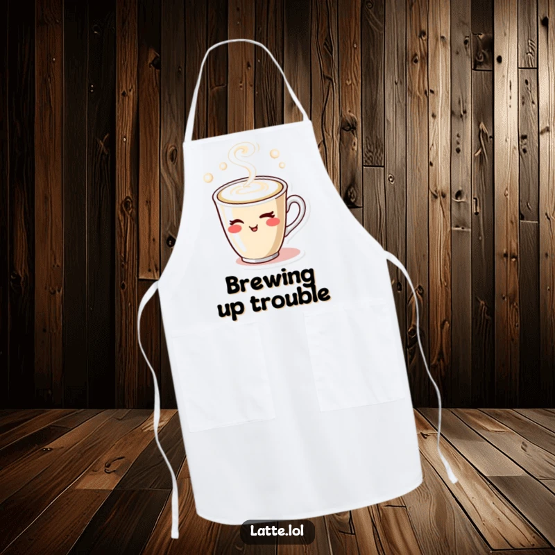 Funny apron designed with a winking latte cup character and steam, perfect for adding humor to cooking and baking sessions.