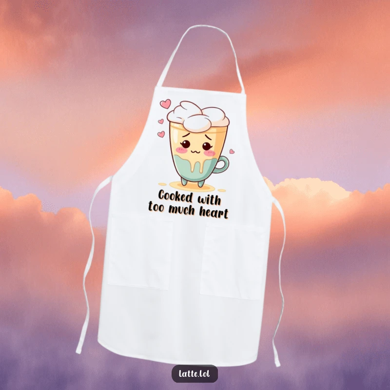 Funny apron featuring a blushing latte art heart character spilling foam in embarrassment, ready to serve coffee.