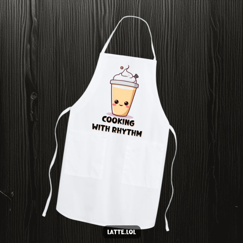 Funny barista apron featuring a cheerful latte cup character happily bopping its lid.