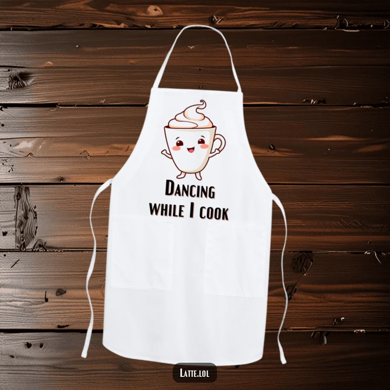 Funny apron featuring a smiling latte cup character doing a happy dance, a cheerful foam swirl adding a playful touch. Kitchen fun.