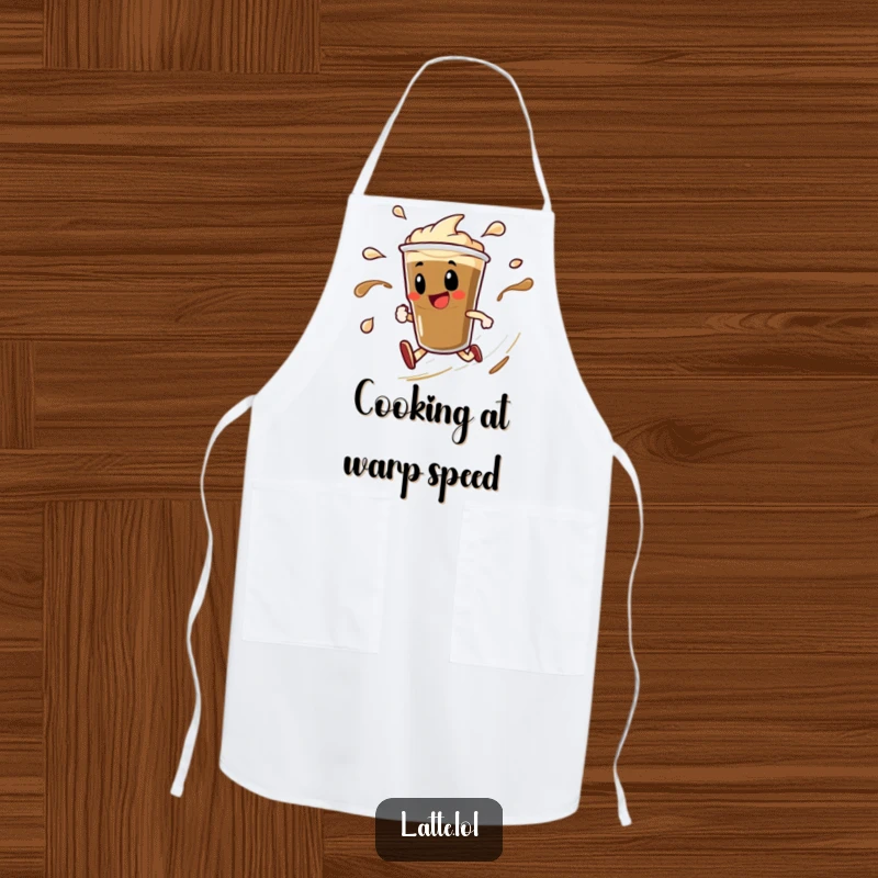 Funny apron featuring a delighted espresso shot character doing a speedy spin with liquid trails. Kitchen ready and fun.