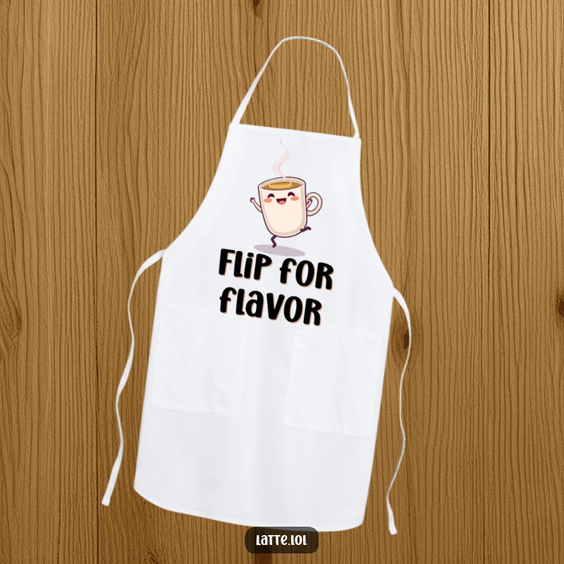 Funny Latte Apron: Steaming latte cup character doing a cartwheel, bringing energetic humor to cooking.
