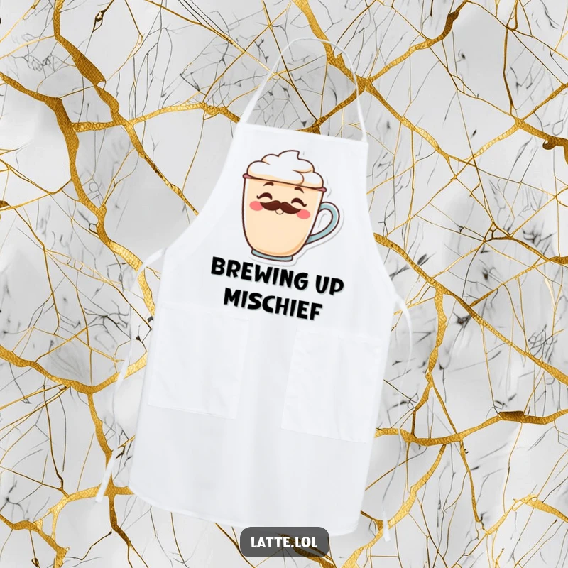 Funny barista apron featuring a latte cup character with a frothy mustache winking playfully.