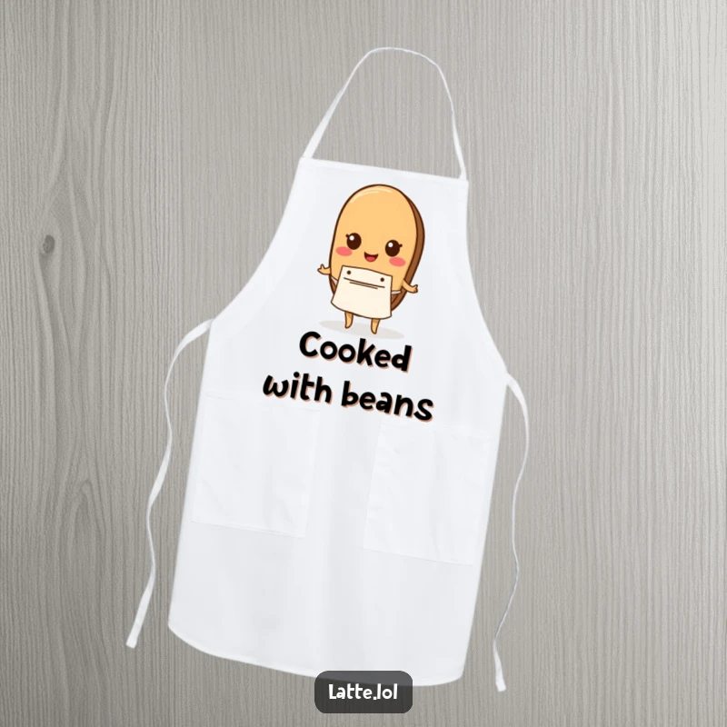 Funny apron showcasing a coffee bean character wearing a tiny apron, ready for kitchen fun.