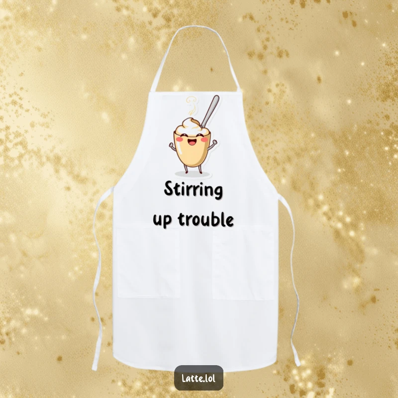 Funny Coffee Spoon Latte Apron depicting a spoon character stirring a laughing latte. A fun kitchen accessory.