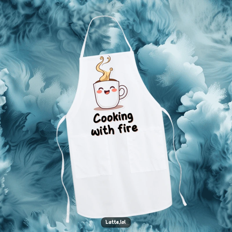 Funny apron showing a happy espresso shot character with dramatic steam, perfect for brewing strong coffee or any kitchen task.