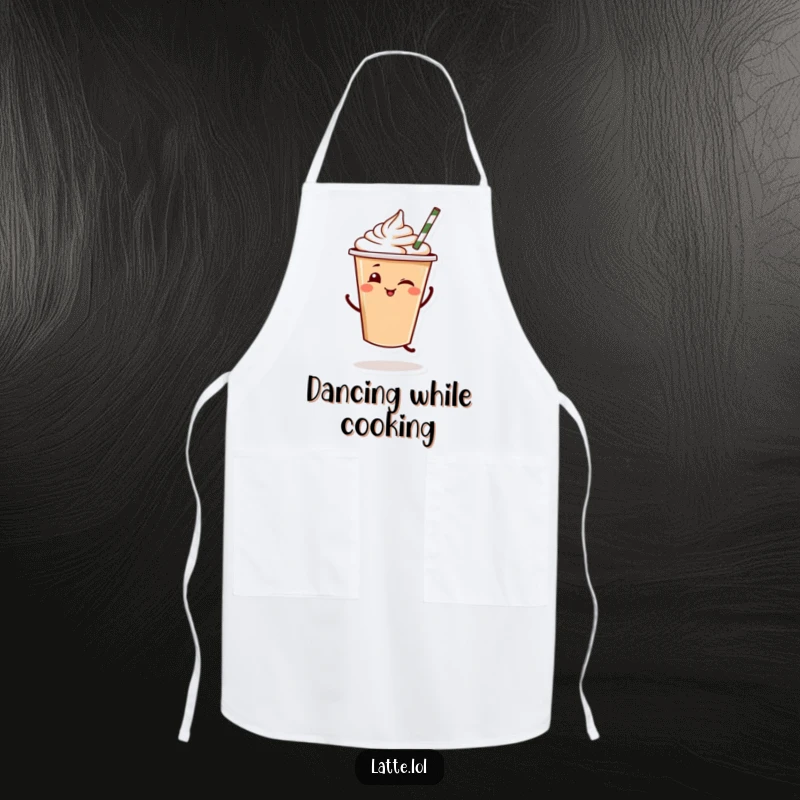Funny Latte Dance Apron: A latte cup chef wears an apron and dances, a funny gift.