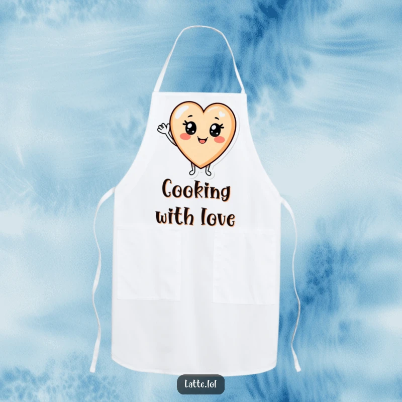Funny Latte Apron: Smiling latte art heart character waving hello, bringing warmth and humor to cooking.