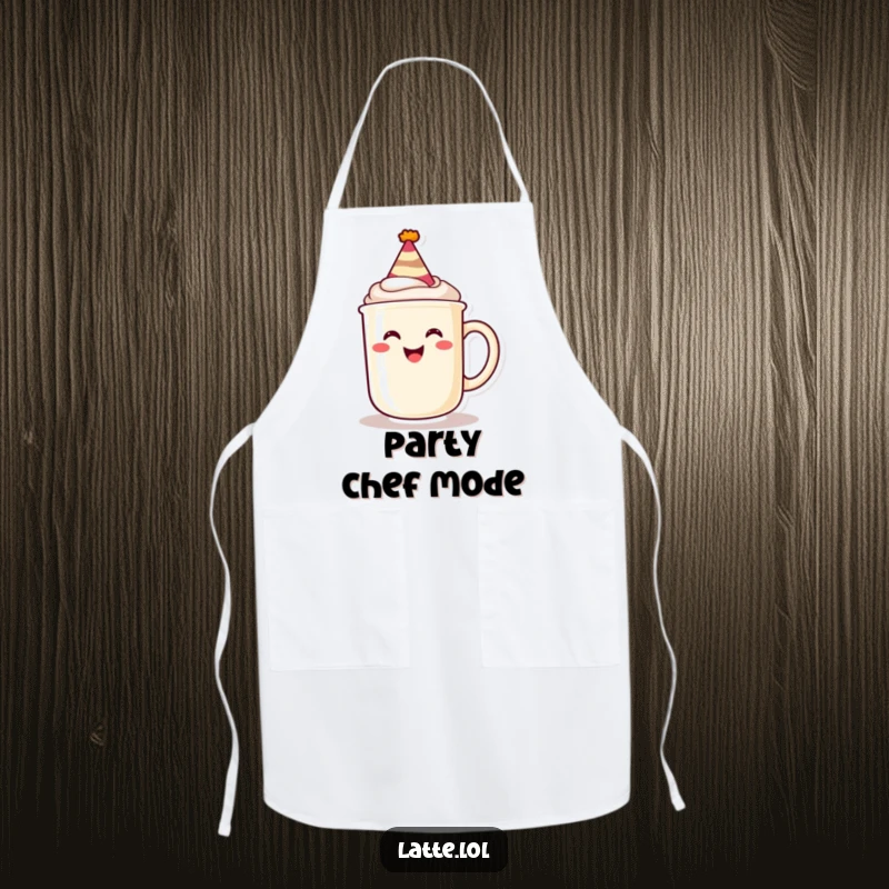Funny apron featuring a grinning latte mug with a party hat, ideal for festive cooking and baking.