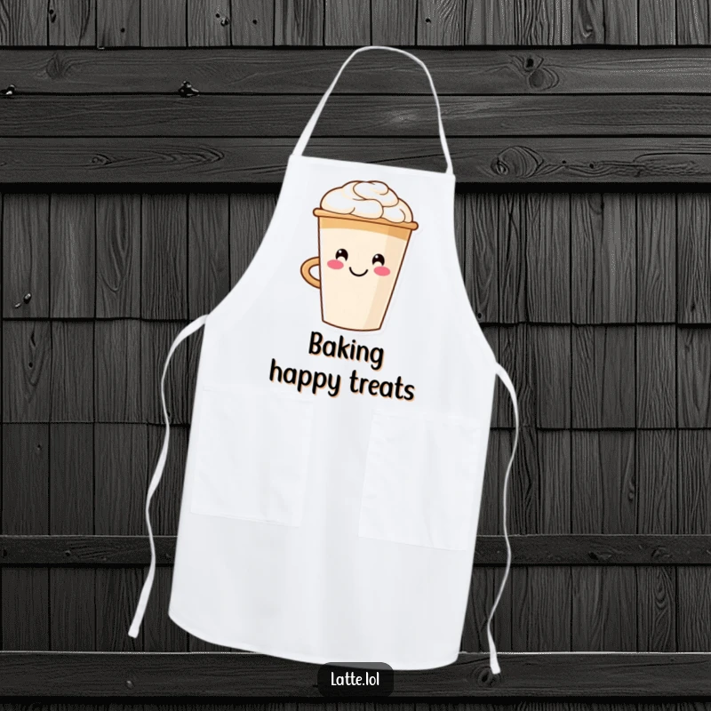 Funny kitchen apron with a smiling latte cup character and smiley face foam art, perfect for cooking or coffee making.