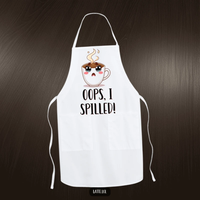 Funny Coffee Cup Apron depicting a shocked character with wide eyes and steam. Perfect kitchen accessory for laughs.