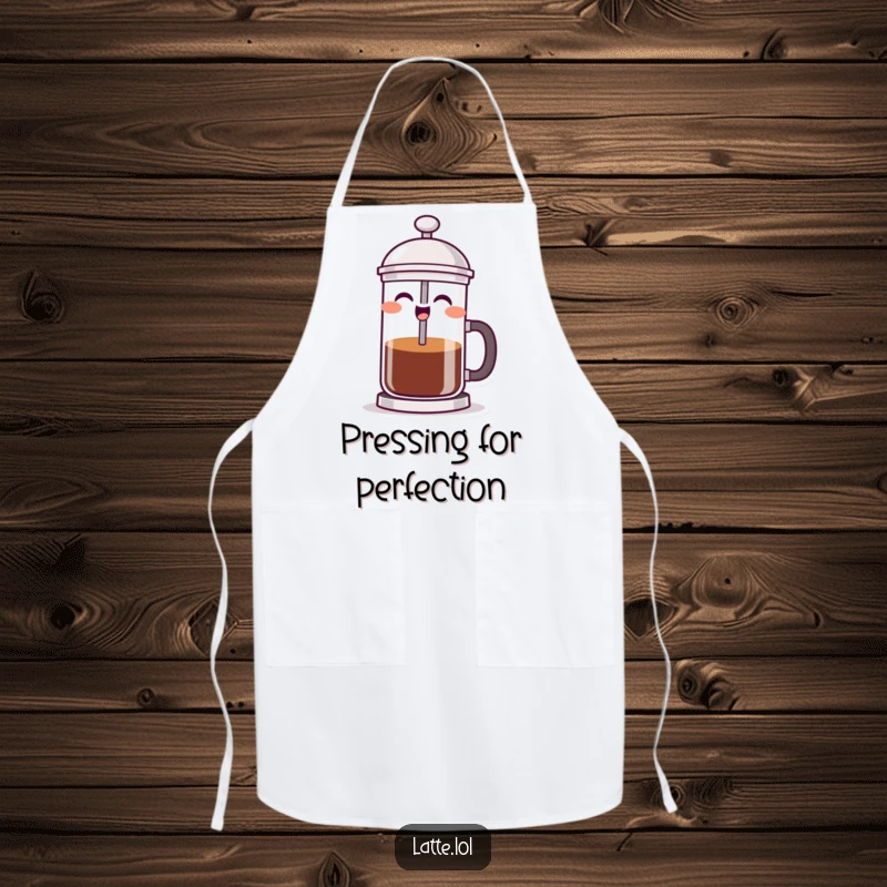 Funny French press apron featuring a laughing coffee character, ready to brew up a storm and a laugh in the kitchen.