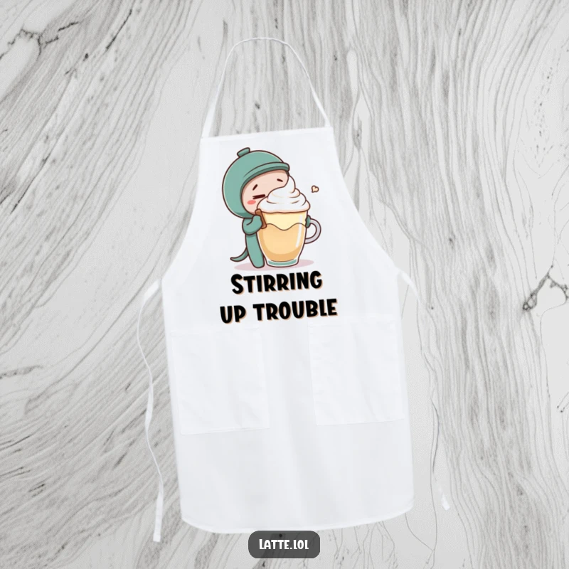 Funny apron depicting a coffee stirrer playfully tickling latte foam, a humorous and functional kitchen essential.
