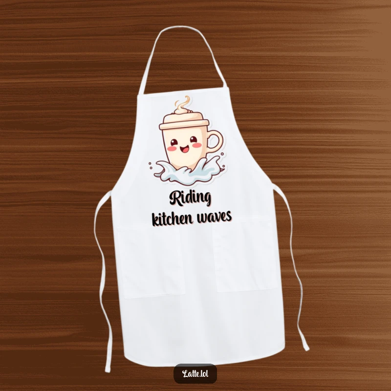 Funny apron featuring a happy coffee cup character surfing a frothy wave, steaming lid adding flair. Kitchen ready.