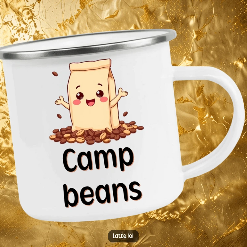 Funny camping mug with a gleeful coffee bag character, joyfully spilling coffee beans. Rugged and humorous drinkware for the outdoors.