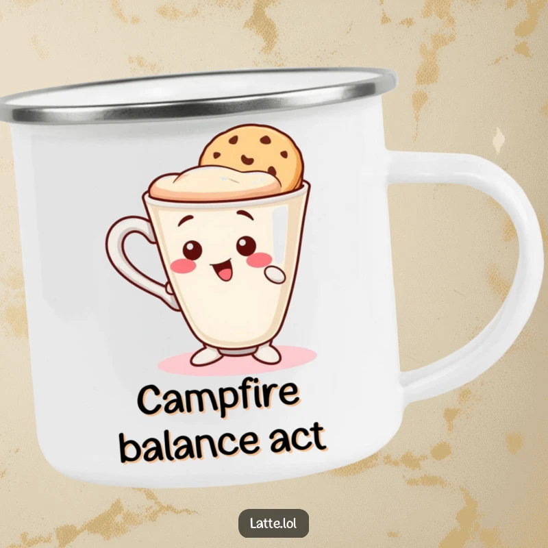 Funny camping mug featuring a wobbly latte cup character balancing a cookie wafer on its rim. Built for outdoor amusement.