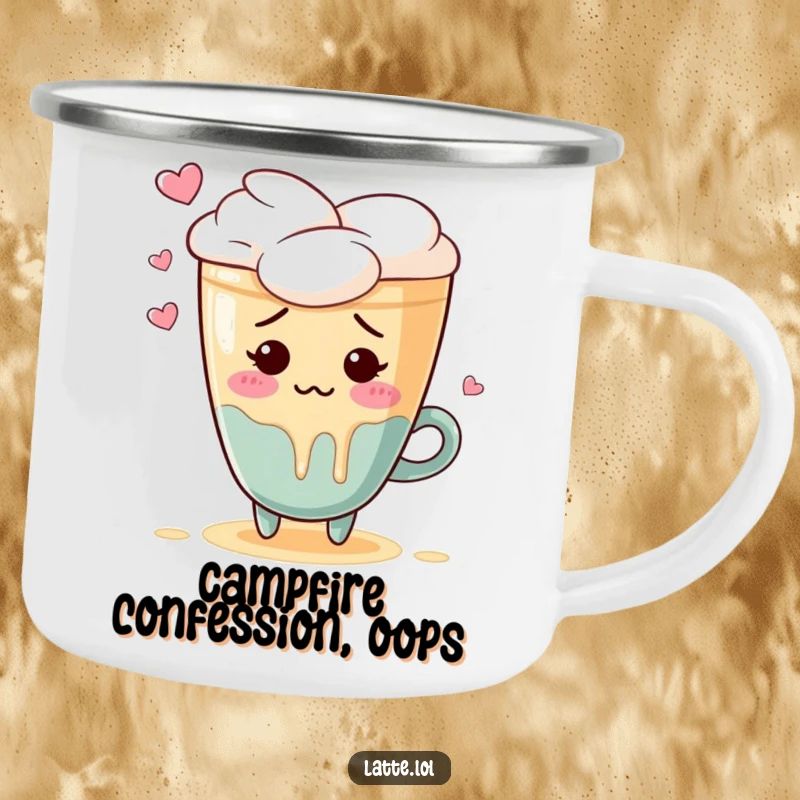Funny camping mug showing a blushing latte art heart character spilling foam in embarrassment, perfect for camp coffee.