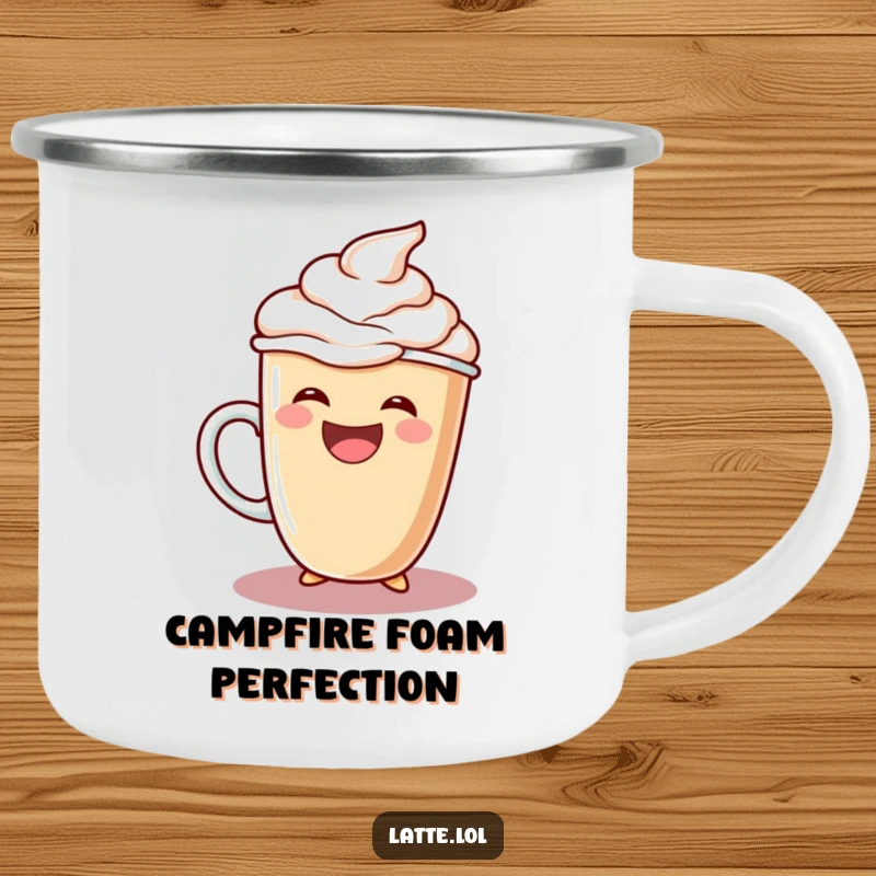 Funny camping mug with a laughing latte cup character pouring extra foam, ideal for outdoor enjoyment.