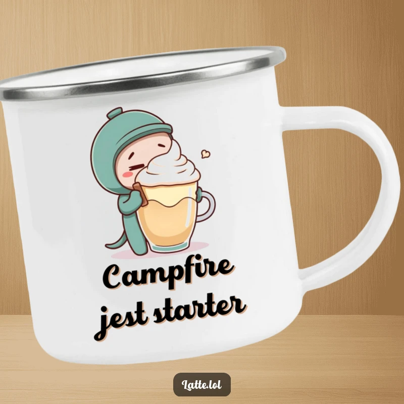 Funny camping mug showing a coffee stirrer tickling latte foam, durable and humorous for outdoor enthusiasts.
