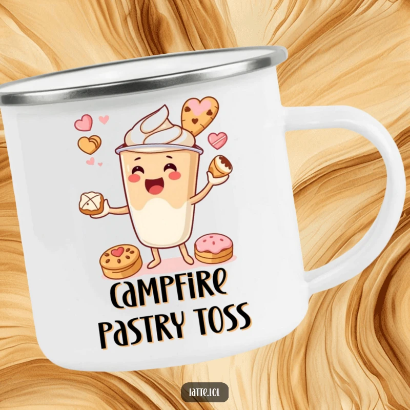 Funny camping mug with a latte cup character juggling pastries, designed for outdoor enjoyment.