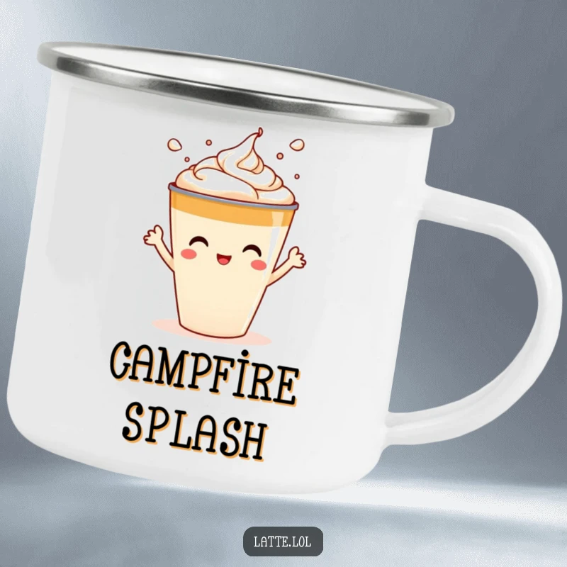 Funny camping mug illustration of a latte cup character playfully splashing foam art, ready for any adventure.