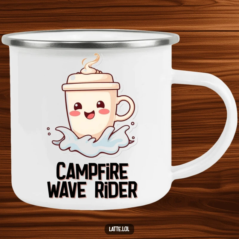 Funny camping mug featuring a happy coffee cup character surfing a frothy wave, steaming lid intact. Built for outdoor journeys.