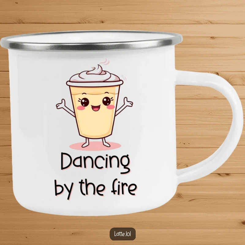 Funny camping latte mug with tiny arms doing a silly dance, perfect for outdoor fun.