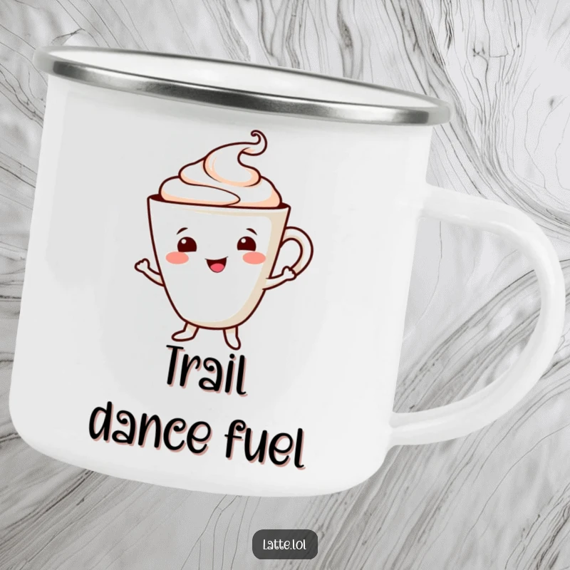 Funny camping mug featuring a smiling latte cup character dancing, foam swirl adding a cheerful touch. Built for outdoor fun.