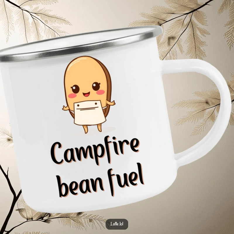 Funny camping mug with a coffee bean character wearing a tiny apron, designed for outdoor coffee enjoyment.