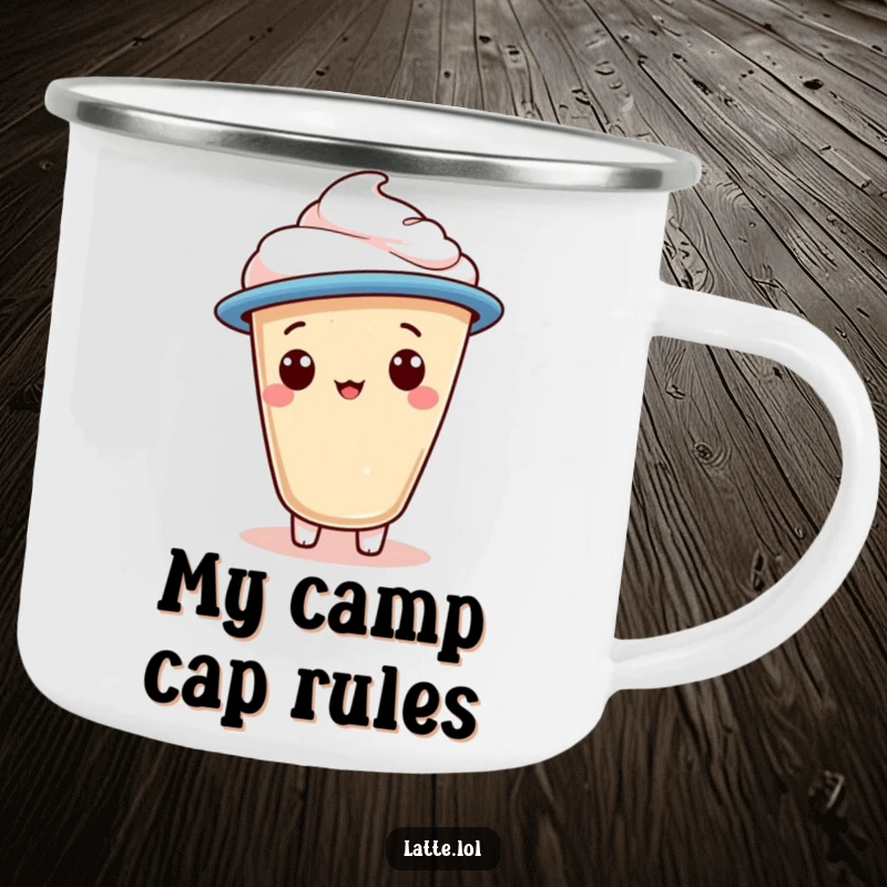 Funny camping mug with a latte foam character in a jaunty cap, designed for outdoor coffee enjoyment.