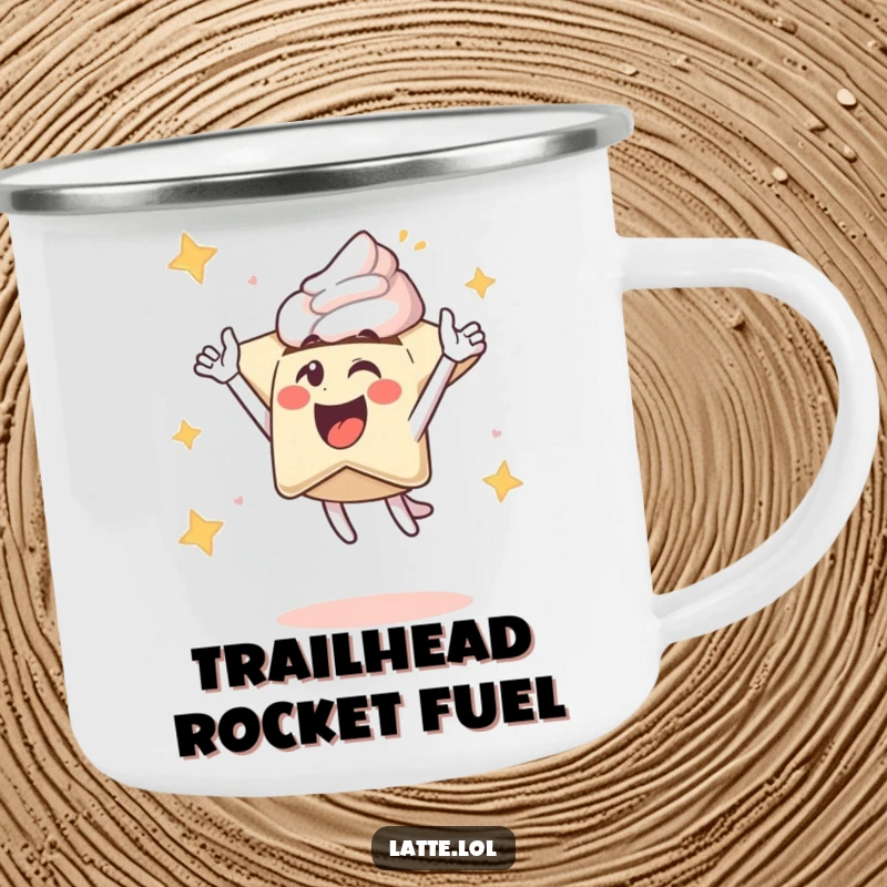 Funny camping mug featuring an excited latte art star character shooting upwards, symbolizing adventurous and energetic outdoor experiences.