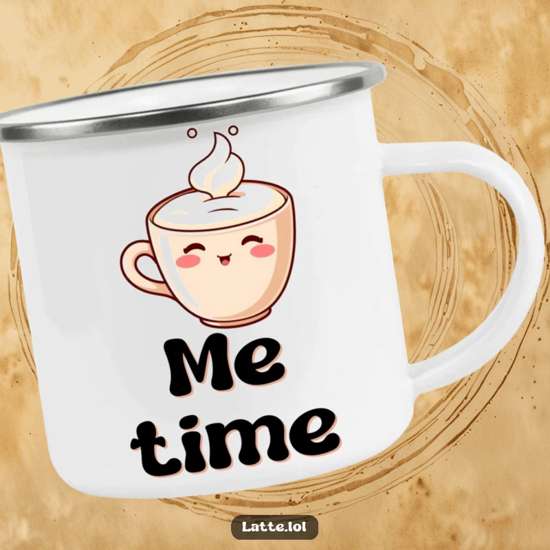 Funny camping mug with a cheerful latte cup character sipping its own foam, perfect for outdoor coffee enjoyment.