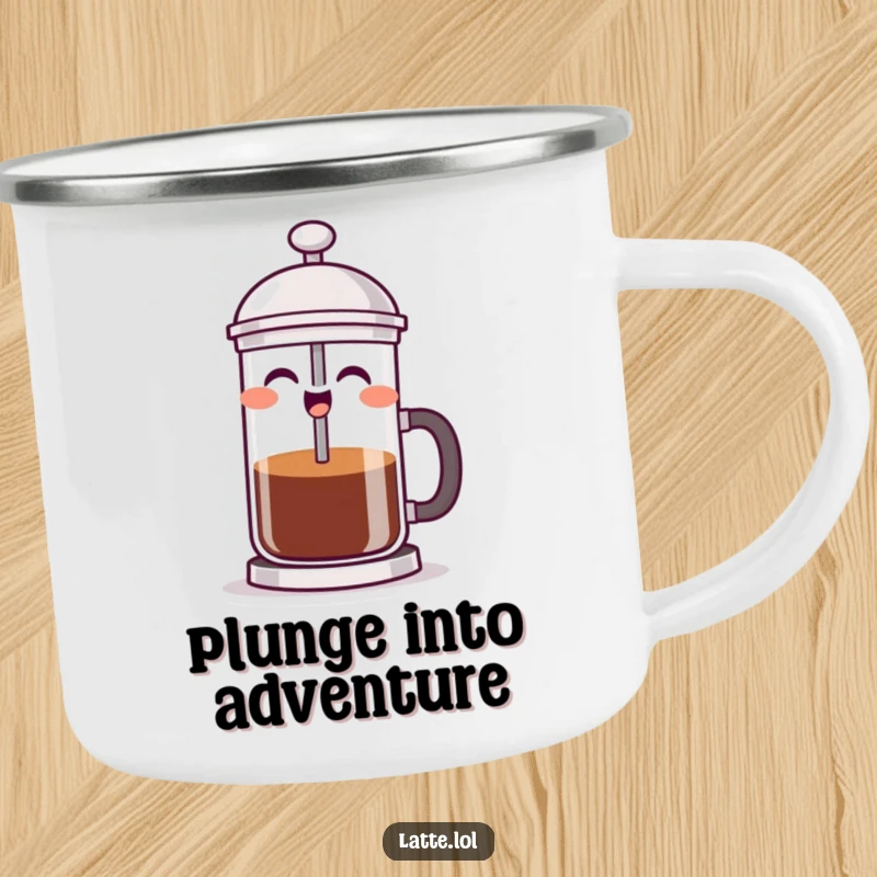 Funny French press camping mug featuring a laughing character, ready for adventures and hot beverages with a smile.