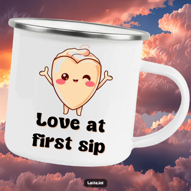 Funny camping mug illustration of a kawaii latte heart character cheering, perfect for outdoor enthusiasts.