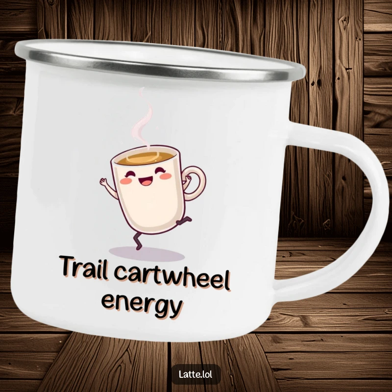 Funny Latte Camping Mug: Steaming latte cup character doing a cartwheel, ideal for energetic outdoor enjoyment.