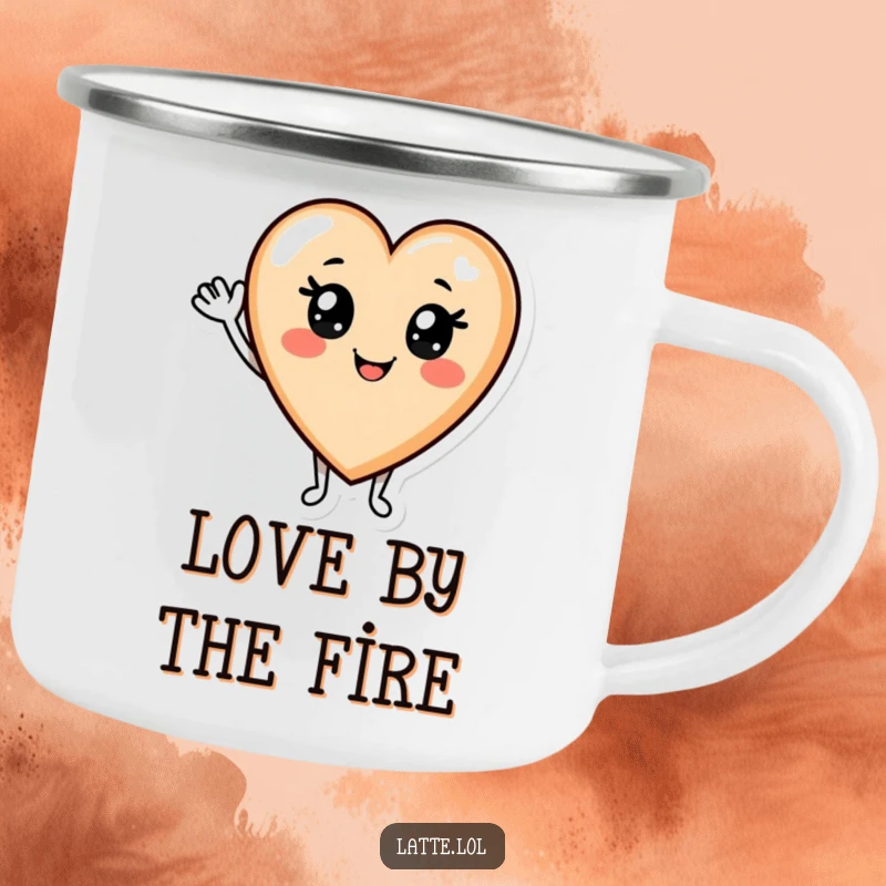 Funny Latte Camping Mug: Smiling latte art heart character waving hello, ideal for cheerful outdoor enjoyment.