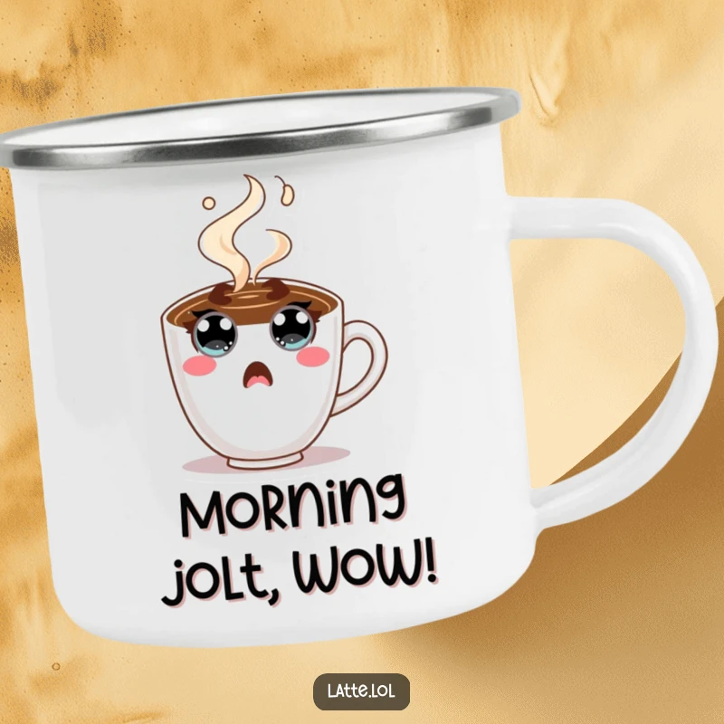 Funny Coffee Cup Camping Mug with a surprised character and steam, ready for the wild. A durable and humorous gift.