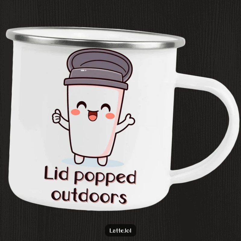 Funny camping mug with a delighted travel mug character, lid popping open in excitement. Durable and humorous drinkware for adventures.