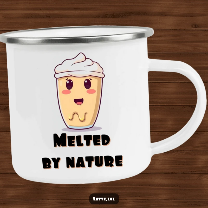 Funny melting latte art camping mug featuring a surprised smiley face art melting, perfect for enjoying beverages outdoors with a humorous touch.