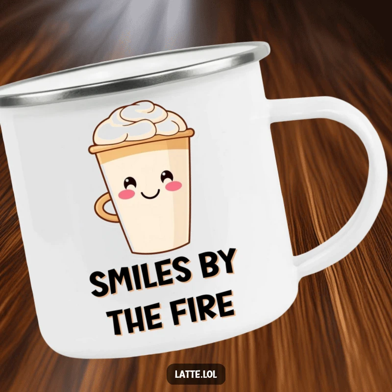 Funny enamel camping mug with a smiling latte cup and smiley face foam art, perfect for outdoor beverage enjoyment.