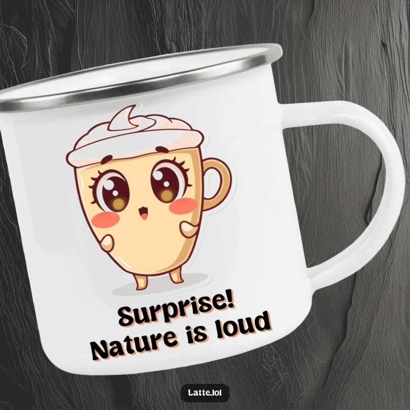 Funny camping mug with a latte cup character leaning backwards with huge, surprised eyes, ideal for outdoor enjoyment.