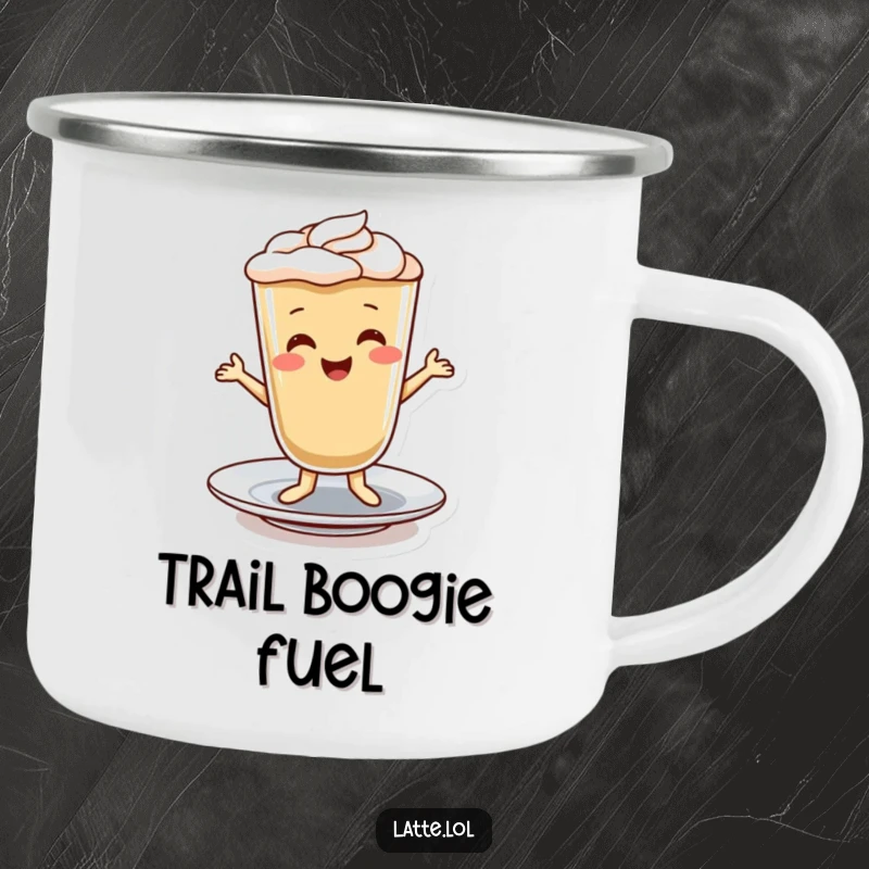 Funny camping mug illustration of a smiling latte character dancing cheerfully on a saucer, ideal for travel.