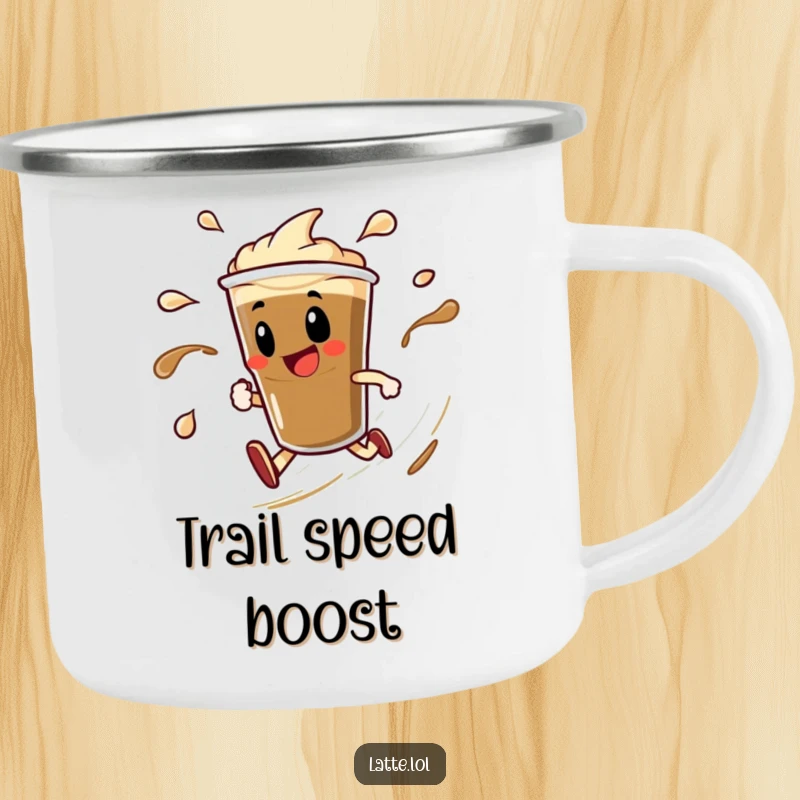 Funny camping mug featuring a delighted espresso shot character spinning rapidly with liquid trails. Built for energetic exploration.