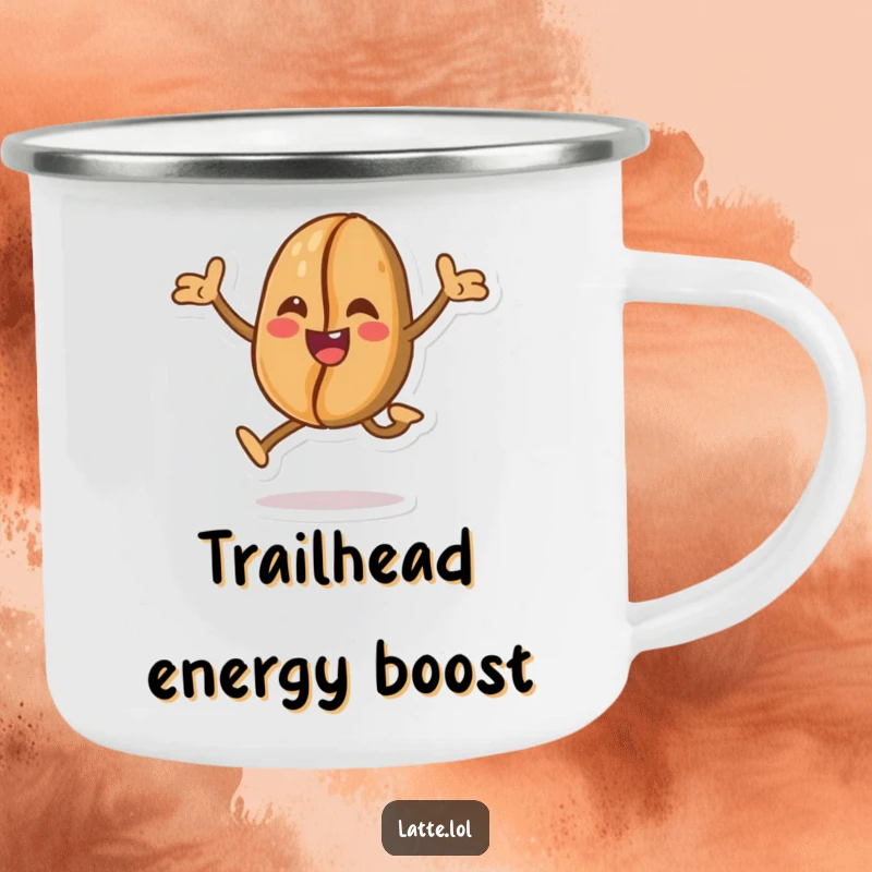 Funny enamel camping mug with an energetic coffee bean character in a playful leap, perfect for outdoor adventures and coffee lovers.