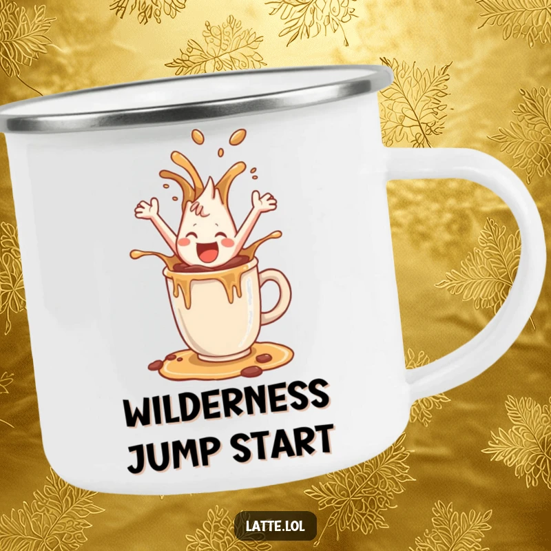 Funny camping mug with a happy coffee splash character leaping from a mug, durable and joyful for outdoor use.