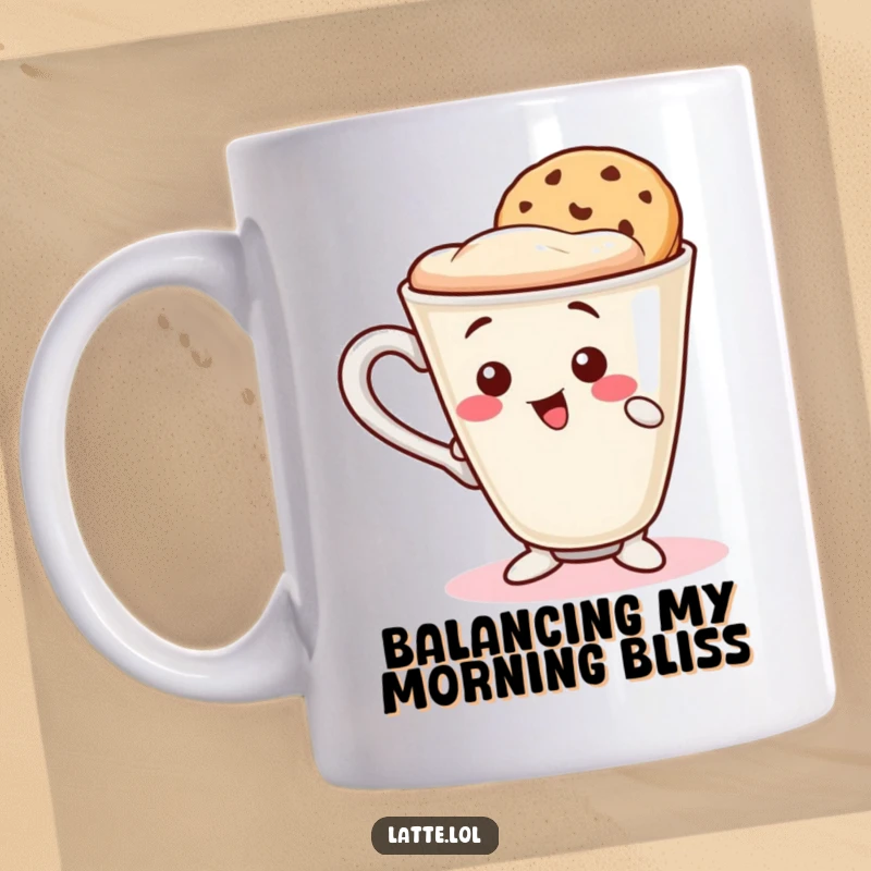 Funny mug with a wobbly latte cup character precariously balancing a cookie wafer on its rim. Humorous coffee moment.