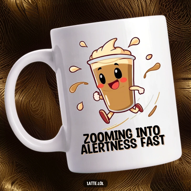 Funny mug featuring a delighted espresso shot character in a speedy spin with dynamic liquid trails. High energy coffee cup.