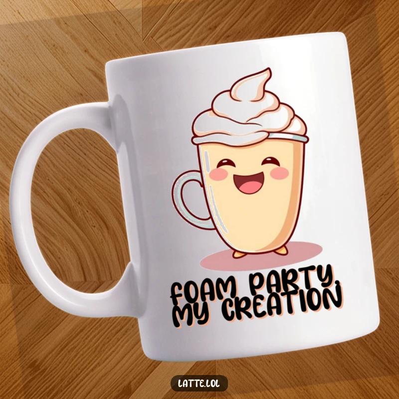Funny mug depicting a laughing latte cup character joyfully pouring an abundance of extra foam, full of happiness.
