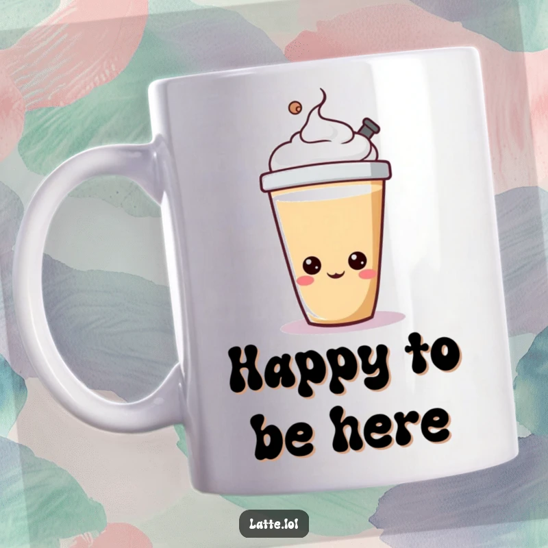 Funny cheerful latte cup mug happily bopping its lid, radiating pure, infectious joy.
