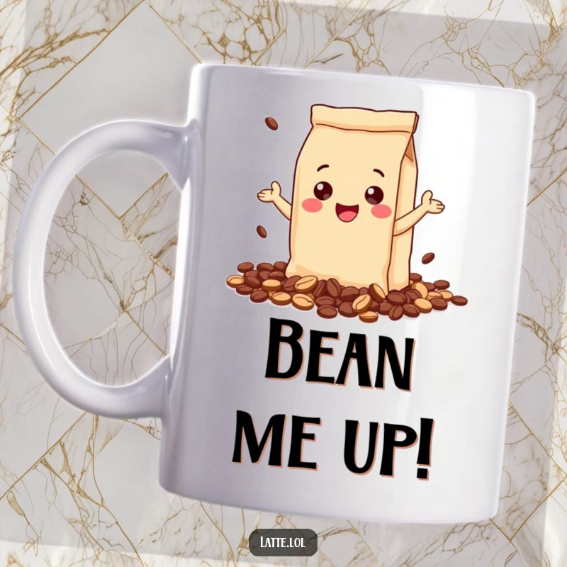 Funny mug with a gleeful coffee bag illustration, happily spilling coffee beans. A cheerful caffeine-themed gift.